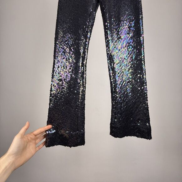 Vintage 70s Sequin Pants Black Iridescent Silk Lined High Waist Disco Glam - Picture 5 of 10